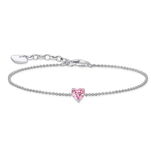 Thomas Sabo Heart-Shaped Pink Stone Silver Chain Bracelet