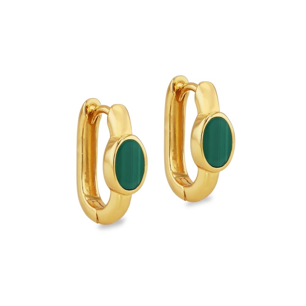 Gold-Plated Oval Green Malachite Huggie Hoop Earrings