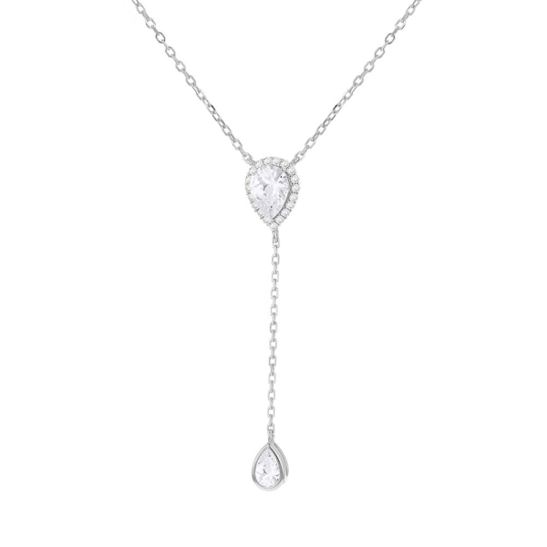 Cubic Zirconia &amp; Silver Teardrop Lariat Necklace