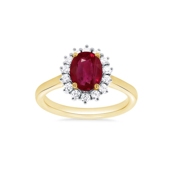 Oval Laboratory Grown Ruby & Diamond Halo 9CT Yellow Gold Ring