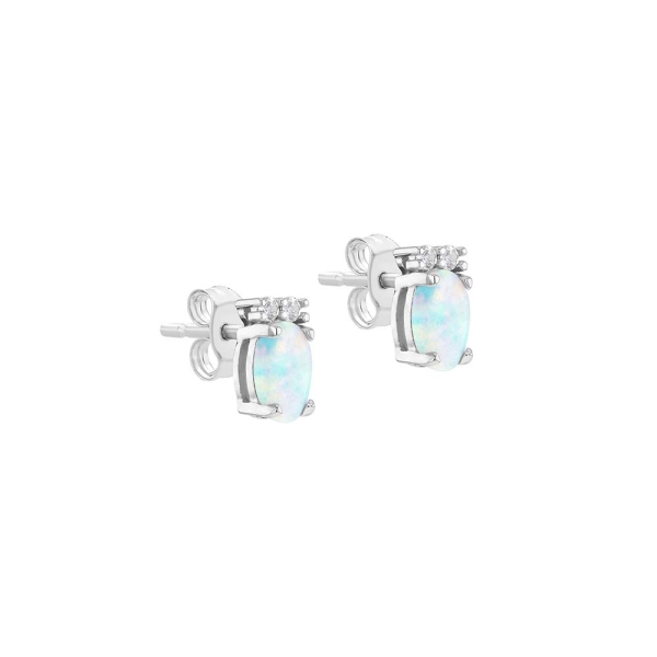 Sterling Silver White Oval Opal Cubic Zirconia Stud Earrings - 1
