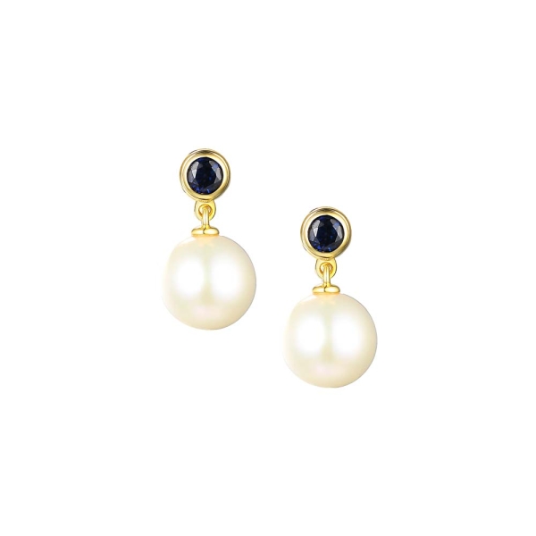 Gold-Plated Pearl &amp; Black Cubic Zirconia Drop Earrings - 1