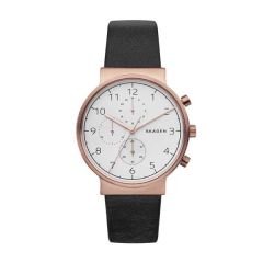 Skagen Ladies Large Rose Gold and Black Leather Ancher Watch