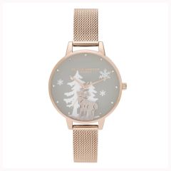 Olivia Burton Winter Wonderland Rose-Gold Steel Mesh 30 mm Women's Watch