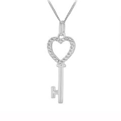 Sparkling Heart & Key Sterling Silver Pendant Necklace