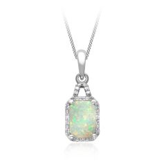 9CT White-Gold Rectangle Opal & Diamond Pendant Necklace