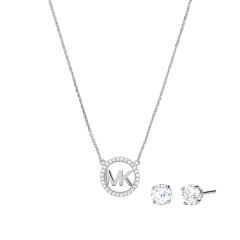 Michael Kors Logo Silver Necklace & Stud Earrings Gift Set