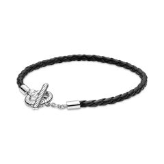Pandora Moments T-Bar Black Braided Leather Bracelet