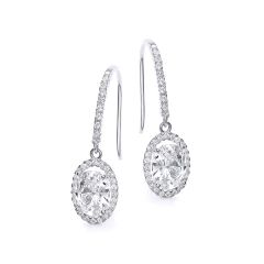 9CT White-Gold Sparkling Oval Halo Drop Earrings