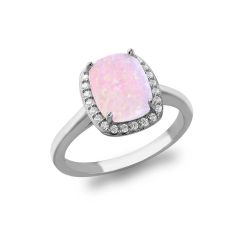Sterling Silver Pink Opal & White Stone Rectangular Ring