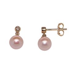 9CT Yellow-Gold Pink Pearl & Diamond Rubover Drop Earrings