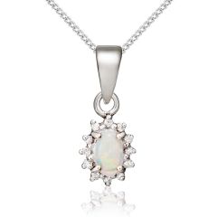 Oval Opal & Diamond Halo 9CT White-Gold Pendant Necklace