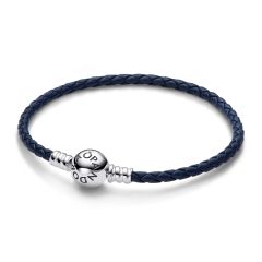 Pandora Moments Bead Clasp Blue Braided Leather Bracelet