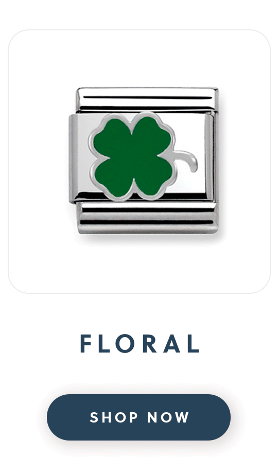 A Nomination charm with a clover leaf with text floral and nature shop now