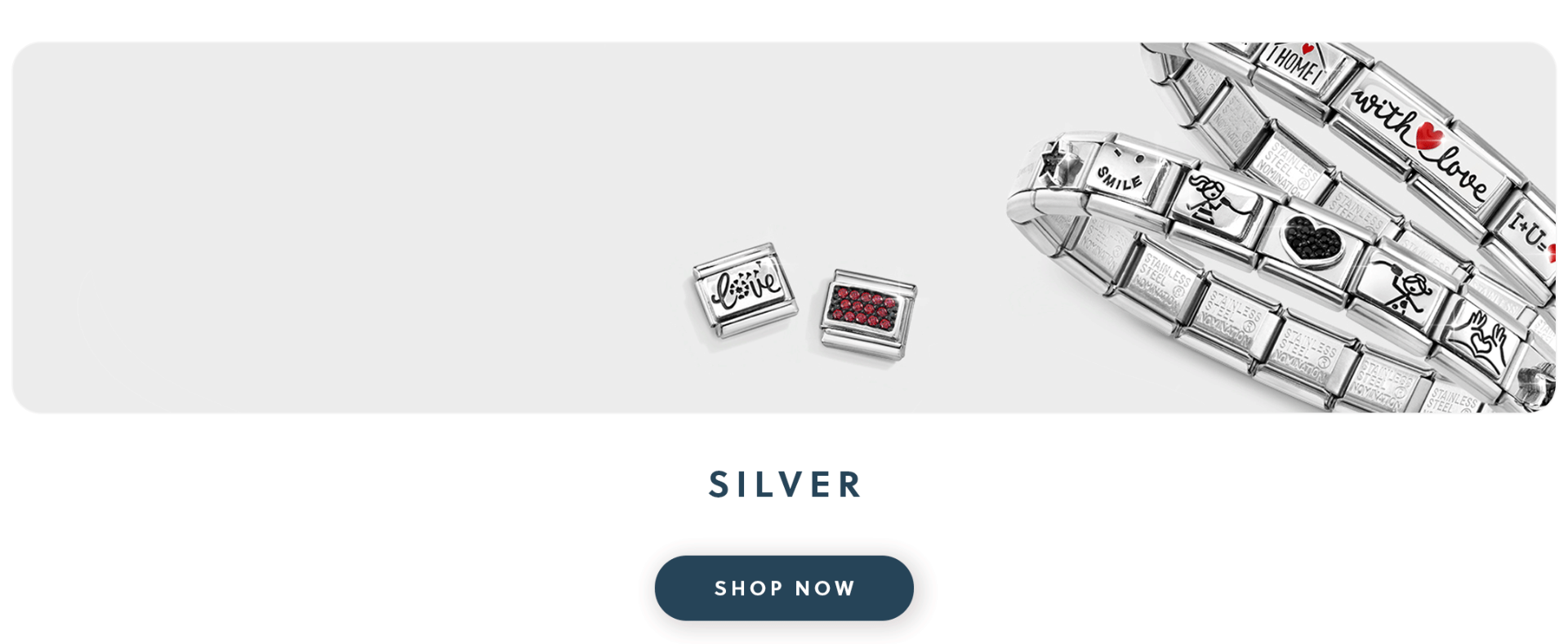 A silver Nomination bracelet with text silver shop now