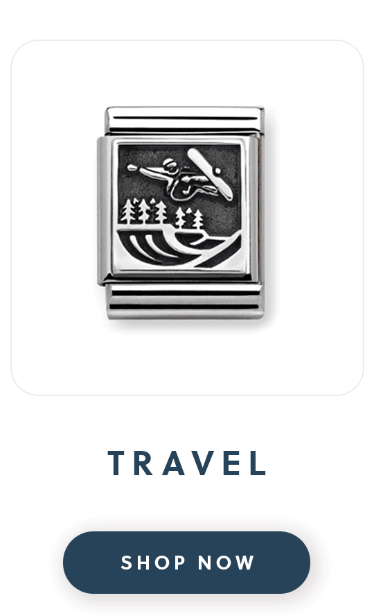 A Nomination charm with a snowboarder with text travel shop now