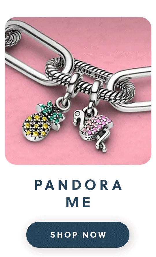 A close up of a Pandora me bracelet with two charms with text pandora me shop now