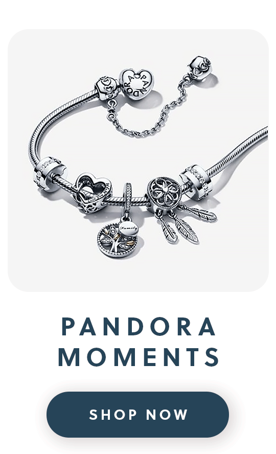 A Pandora moments bracelets with several silver charms with text moments shop now