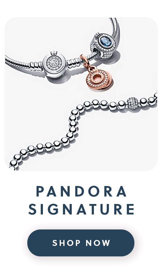 A close up of two Pandora bracelets with three charms with text signature shop now