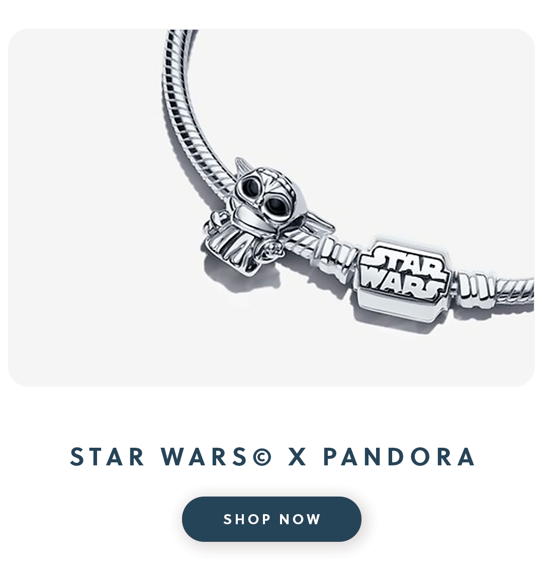 A close up of a Pandora bracelet with two star wars charms with text star wars x pandora shop now