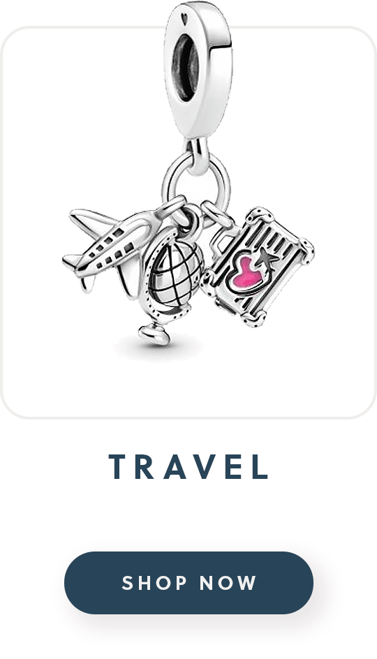 A pandora charm with an aeroplane, globe and suitecase with text travel shop now