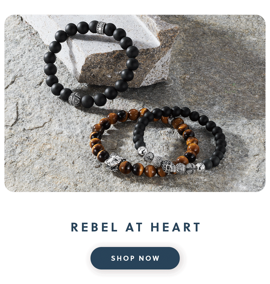 Three Thomas Sabo beaded bracelets with text rebel at heart shop now