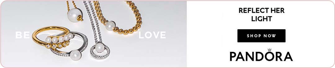 A Pandora banner with love & text shop now