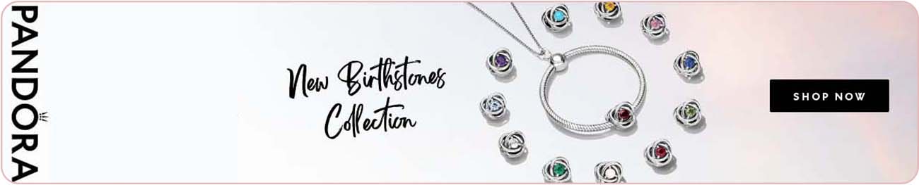 A pandora banner new birthstone collection shop now text