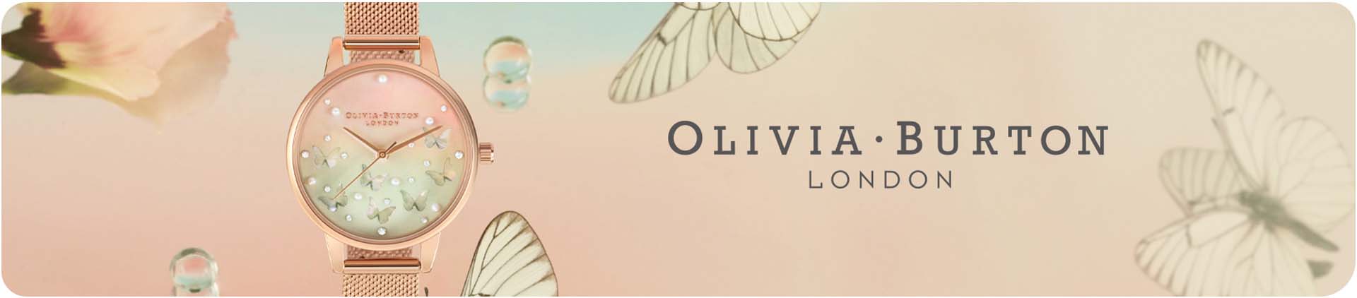 An Olivia Burton watch with surrounding butterflies with text Olivia Burton London