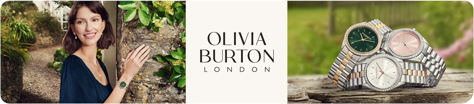 Three Olivia Burton gold & steel watches and women with text Olivia Burton London
