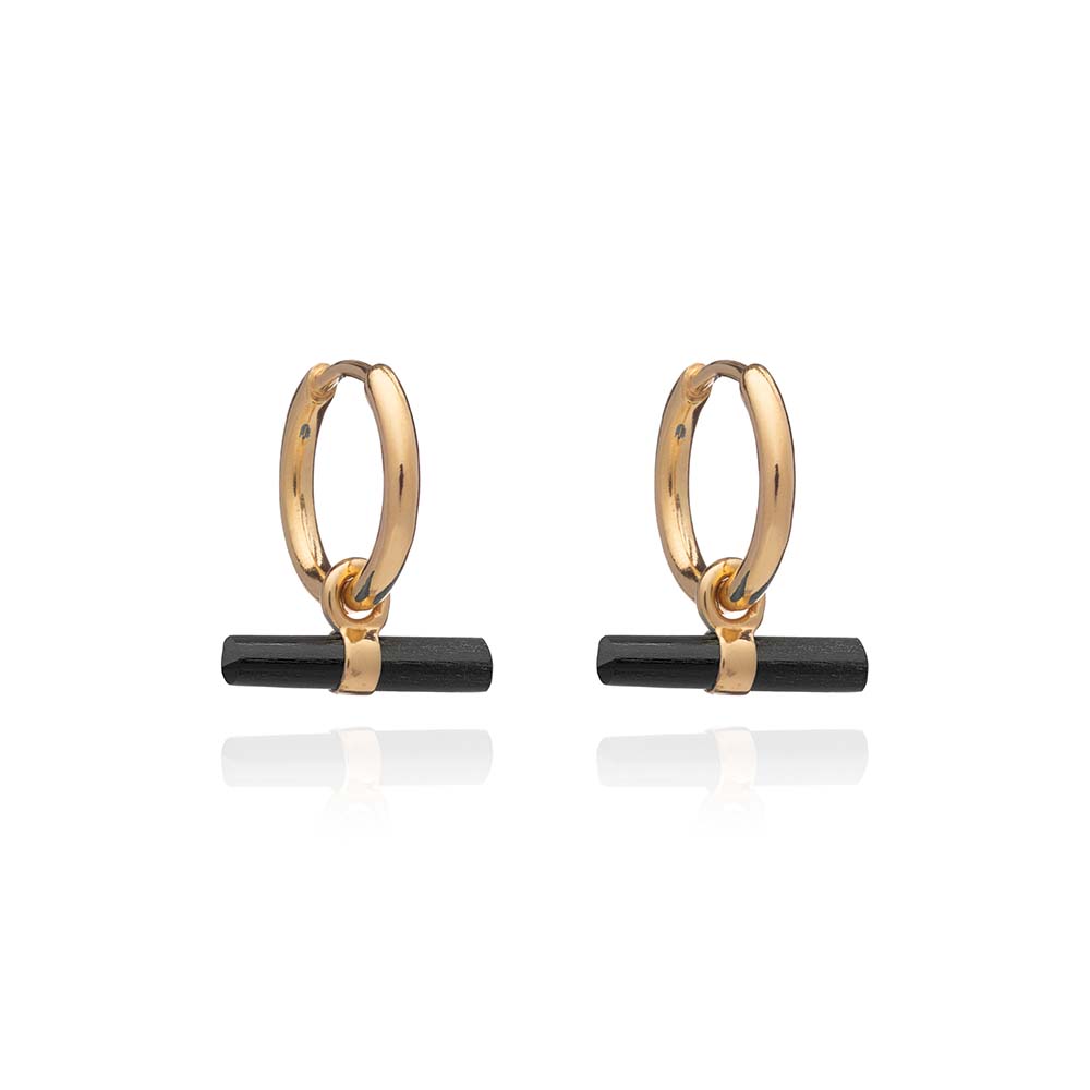Rachel Jackson Mini Onyx T-Bar Gold Huggie Hoop Earrings